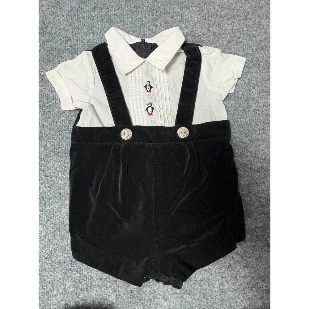 Vintage Penguin Outfit Boys 6 - 9 M Month Baby Velvet Early 90s Embordered